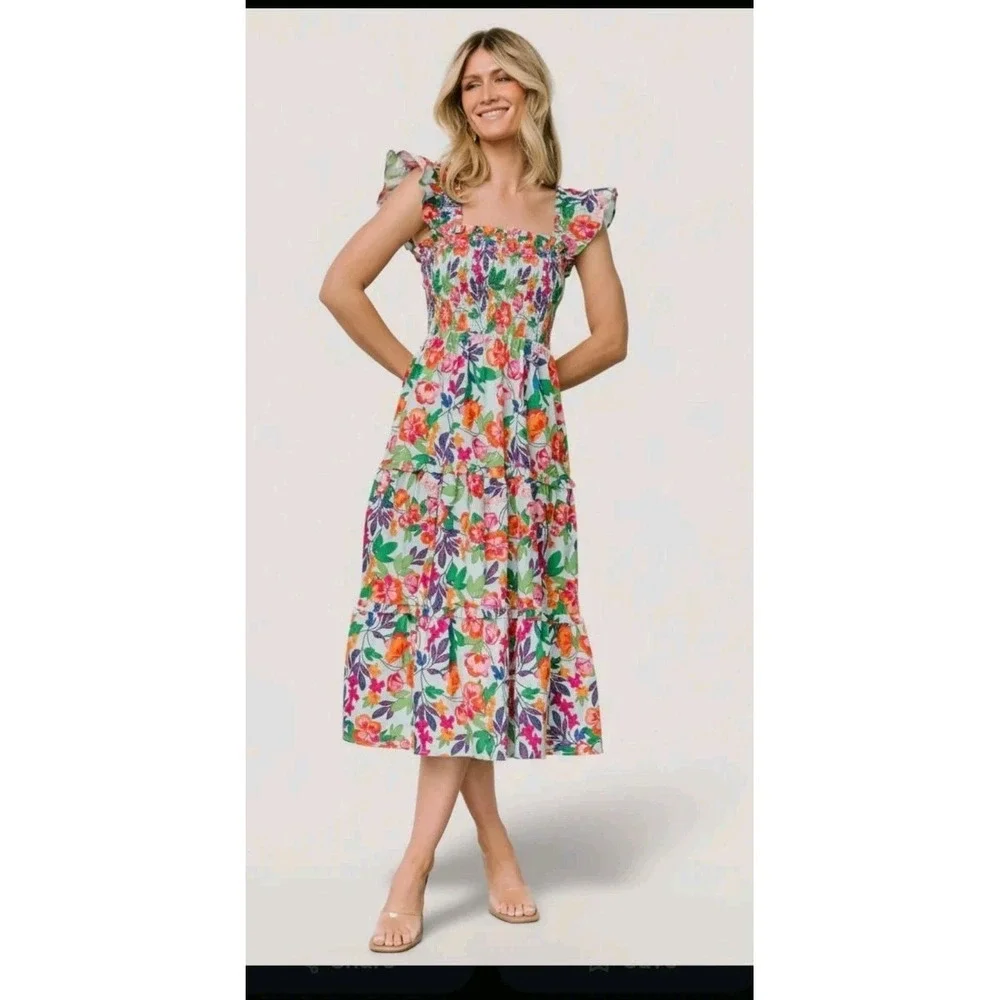 PrettyGarden Floral Smocked Midi‎ Dress Large Ruffle Sleeveless Multicolor NWT